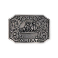 Silver Ariat rectangle buckle with smooth edges, team roper motif, and western scroll design.