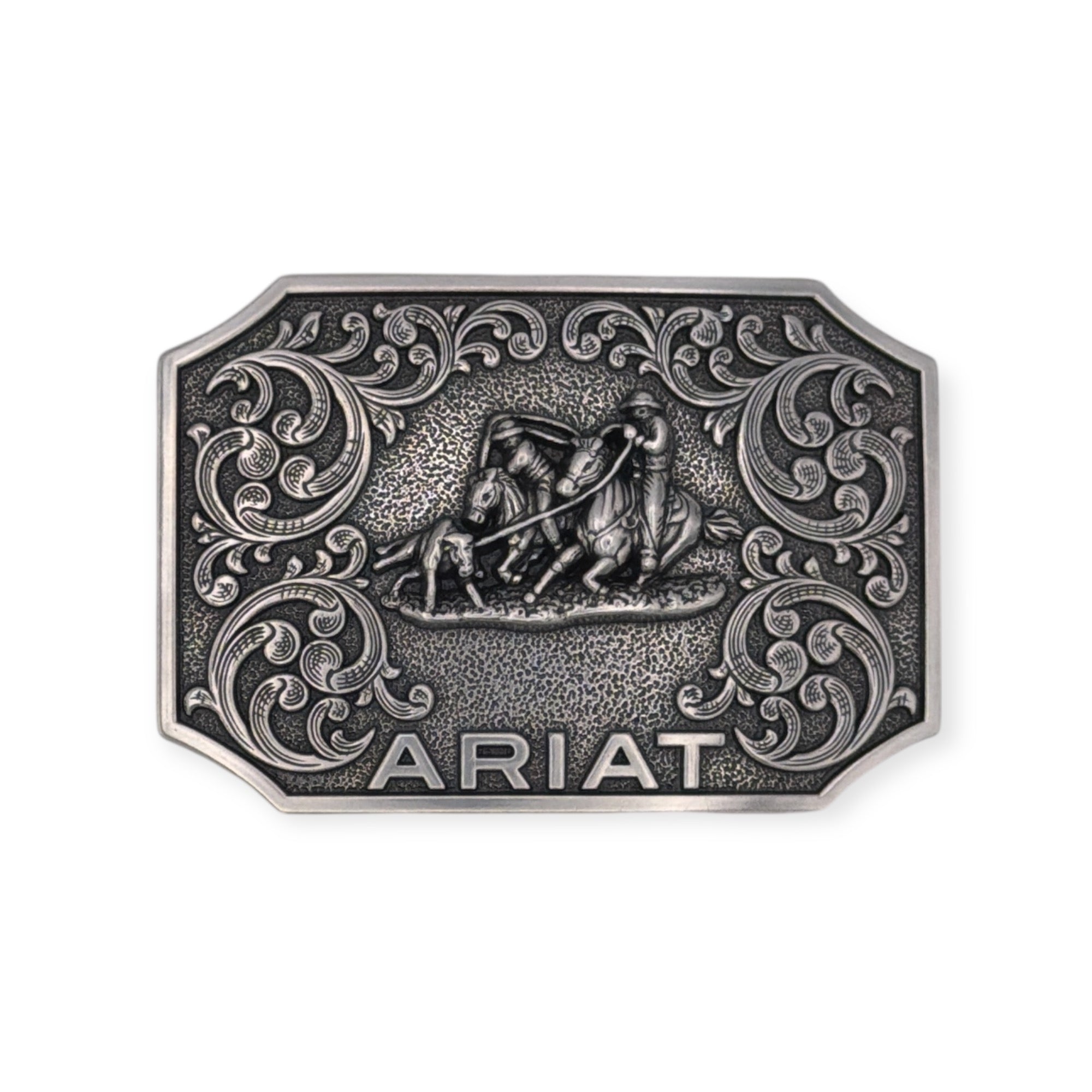 Silver Ariat rectangle buckle with smooth edges, team roper motif, and western scroll design.