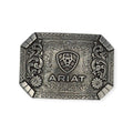 Ariat antique silver rectangle buckle with western floral engraving and emblem.