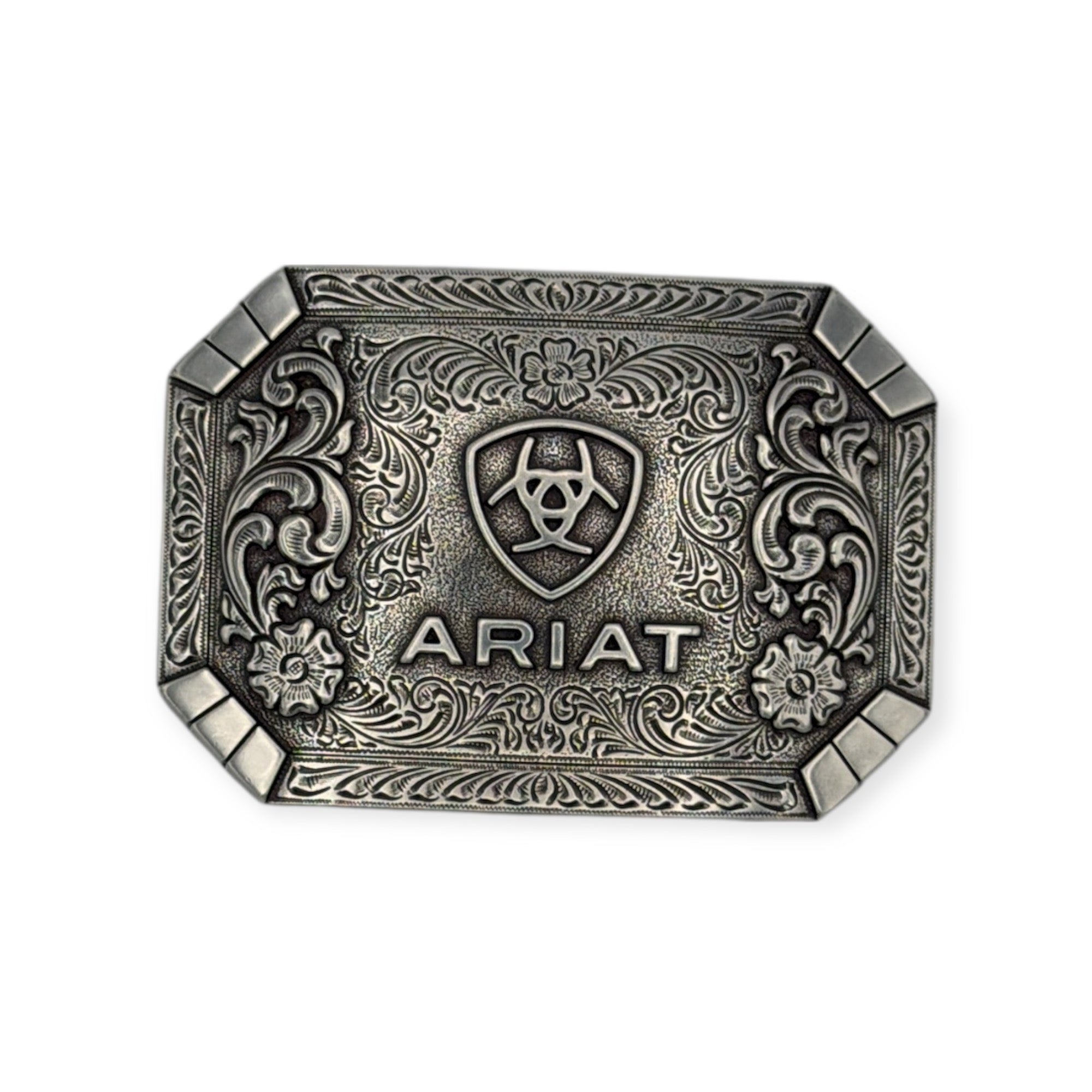 Ariat antique silver rectangle buckle with western floral engraving and emblem.