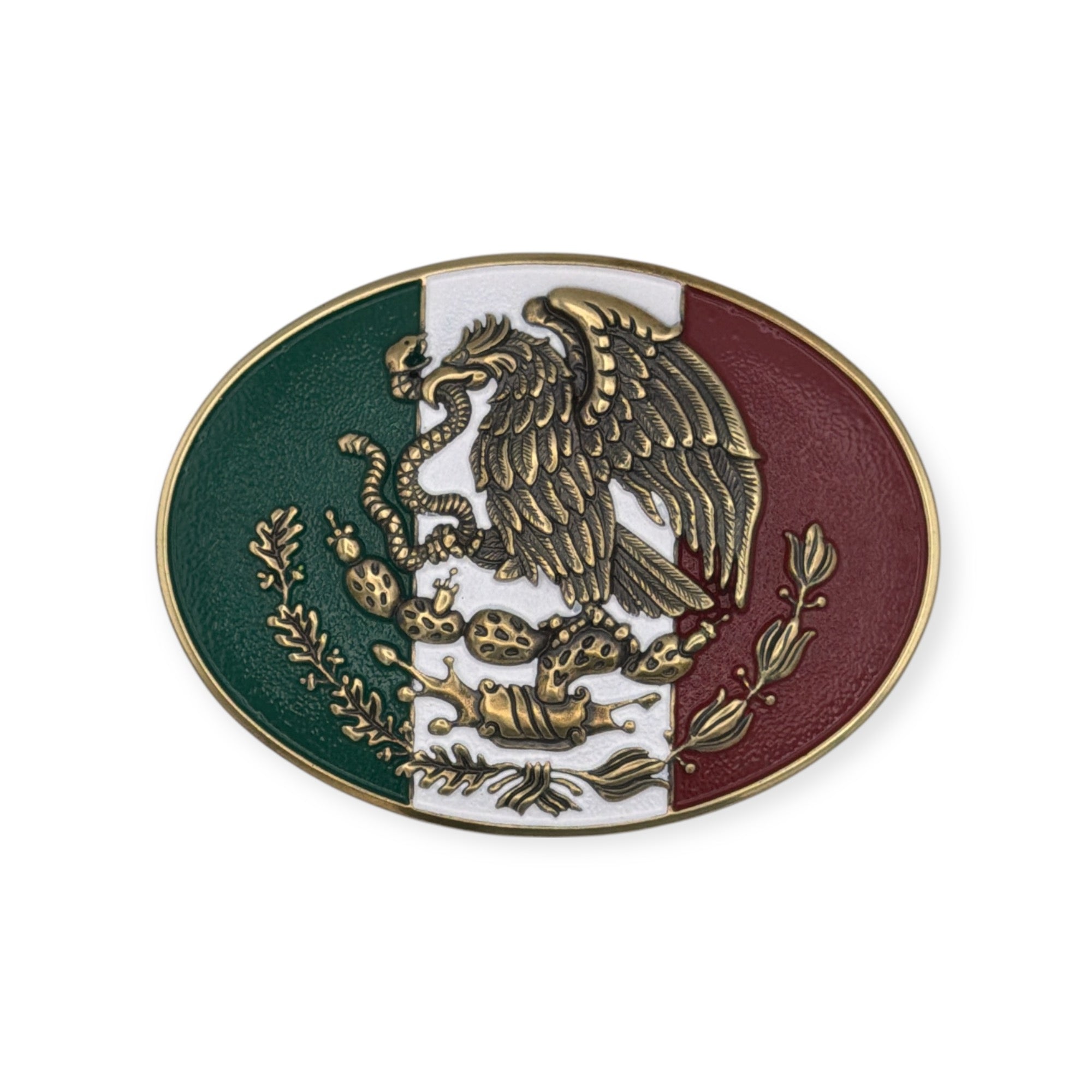 Ariat oval buckle with Mexican flag colors, antique gold eagle motif, and smooth antique silver edge.
