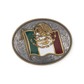 Ariat oval buckle with Mexican flag, eagle motif, rope edge, antique silver and gold finish.