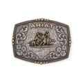 Ariat antique gold and silver rectangle buckle with team roper motif, floral scrolling, and rope edge.