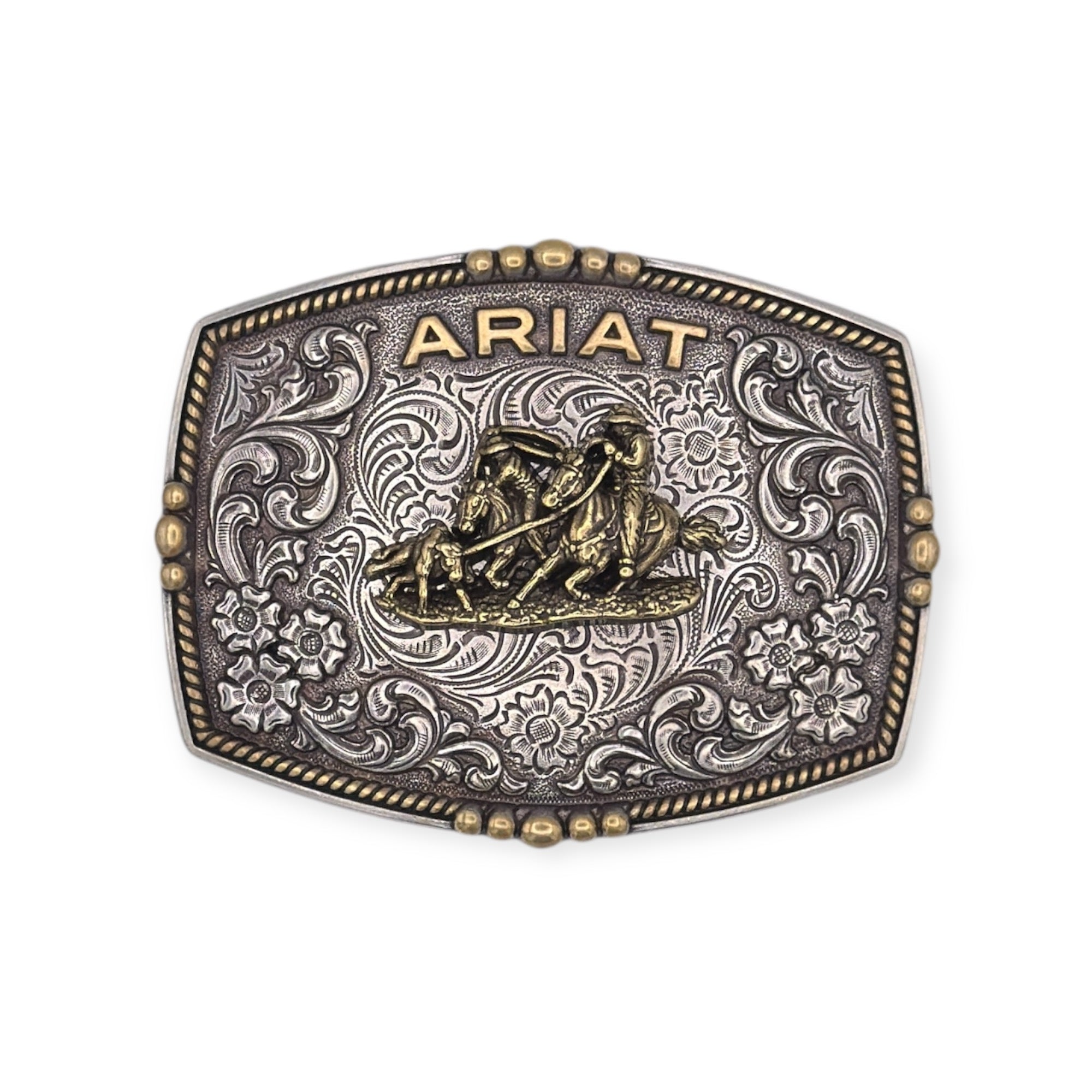 Ariat antique gold and silver rectangle buckle with team roper motif, floral scrolling, and rope edge.