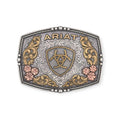 Ariat rectangle buckle with antique silver, gold, and copper finishes, shield motif, and engraved scrolling.