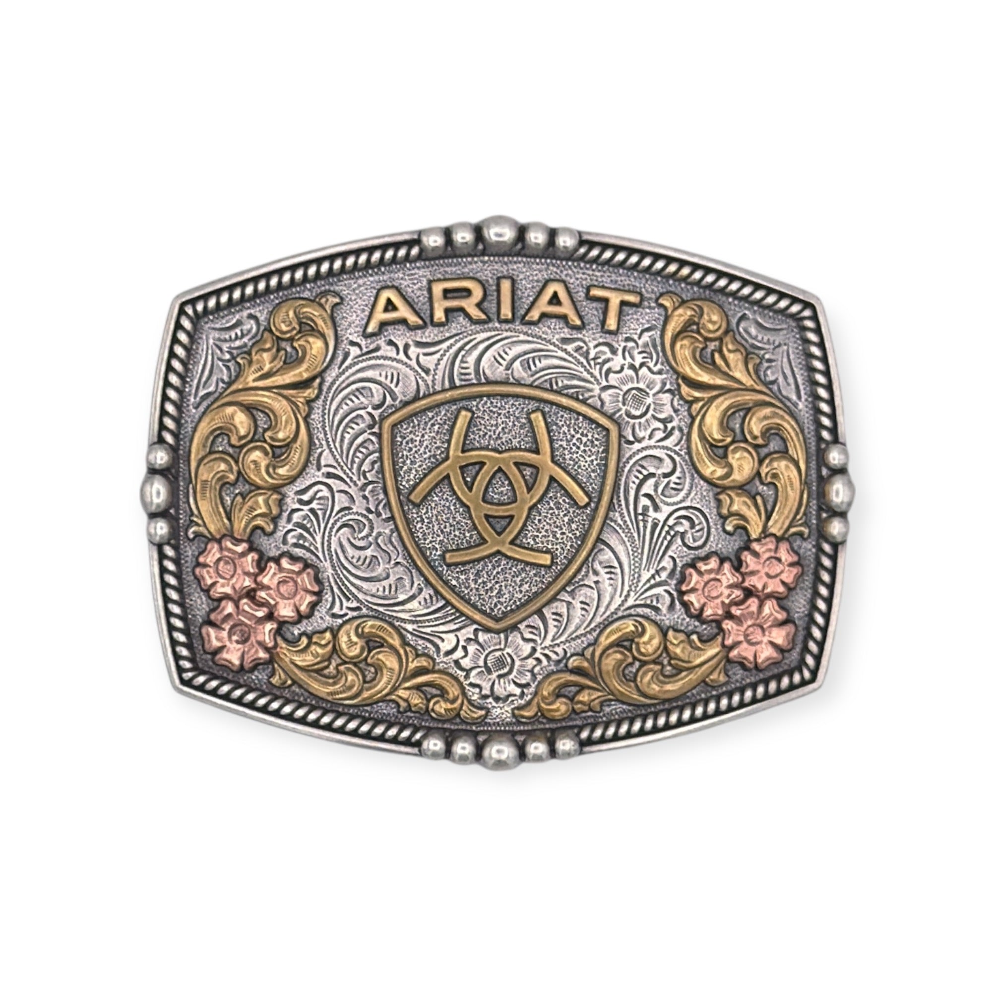 Ariat rectangle buckle with antique silver, gold, and copper finishes, shield motif, and engraved scrolling.