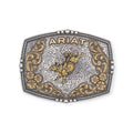 Ariat rectangle buckle with antique gold bull rider, silver scrolling, and floral accents.