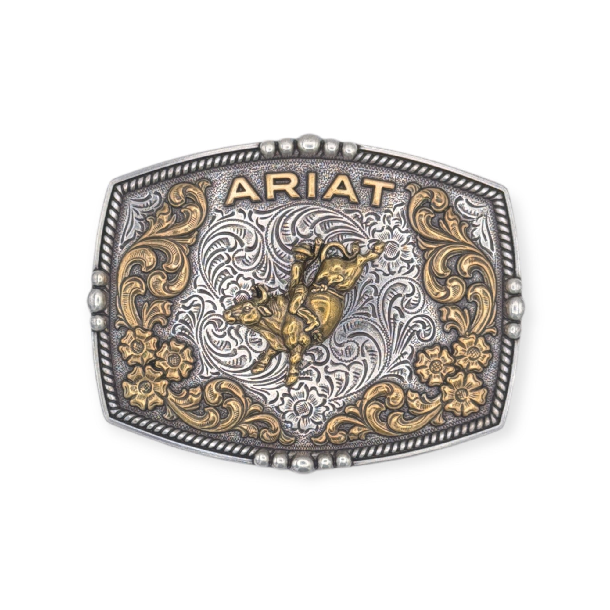 Ariat rectangle buckle with antique gold bull rider, silver scrolling, and floral accents.