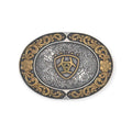 Ariat oval belt buckle with antique silver floral engraving and gold Ariat emblem, smooth gold floral edge.