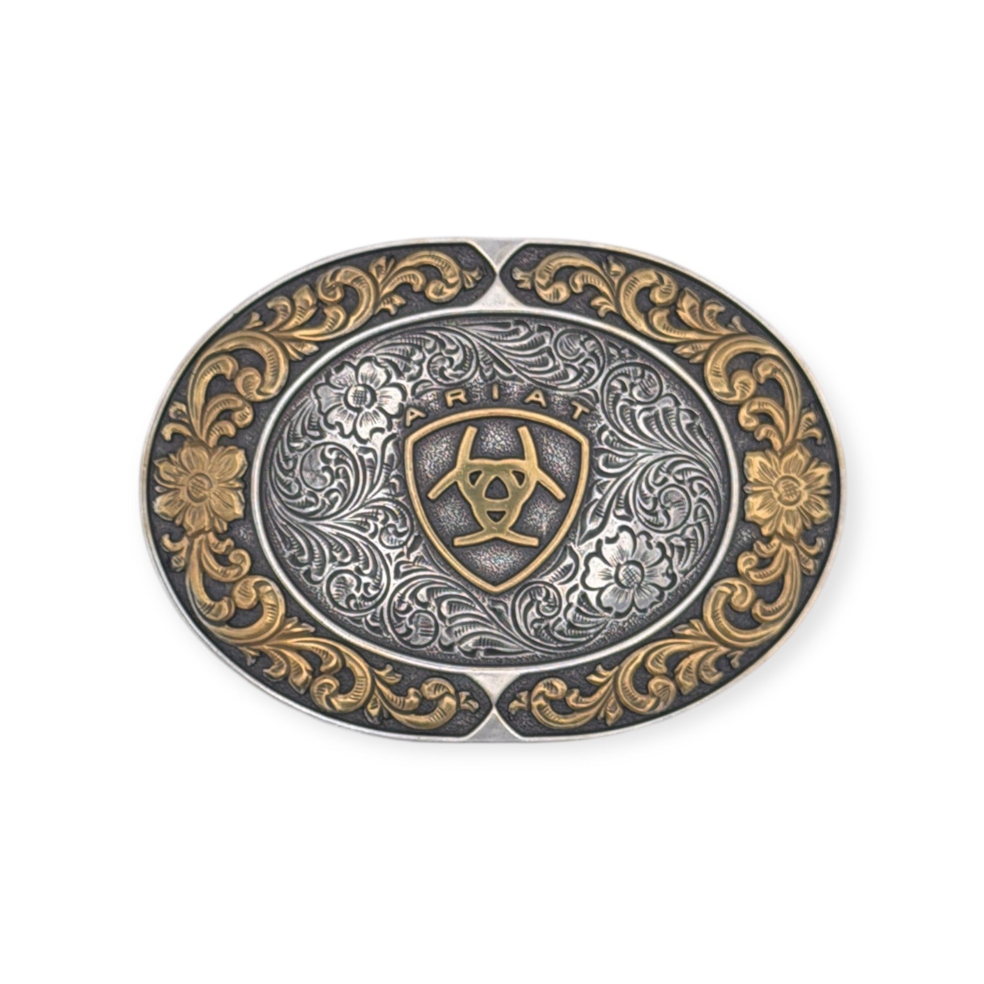 Ariat oval belt buckle with antique silver floral engraving and gold Ariat emblem, smooth gold floral edge.