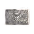 Ariat Antique Silver Rectangle Buckle with logo, filigree swirls, 3 3/8" x 2 1/8".