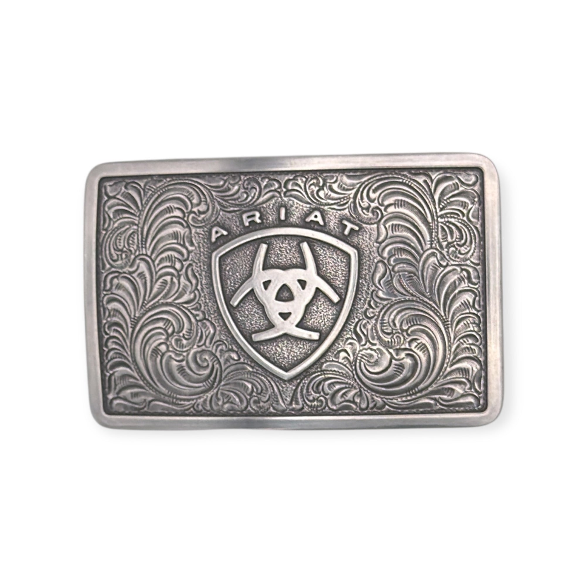 Ariat Antique Silver Rectangle Buckle with logo, filigree swirls, 3 3/8" x 2 1/8".