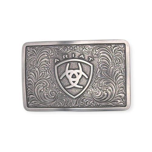 Ariat Antique Silver Rectangle Buckle with logo, filigree swirls, 3 3/8" x 2 1/8".