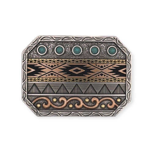 Ariat rectangle buckle with multi-finish engraved scrolling, turquoise stones, and Southwest patterns.