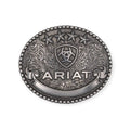 Antique silver Ariat oval buckle with raised stars, shield, ribbon, scrolling background, and beaded edge.