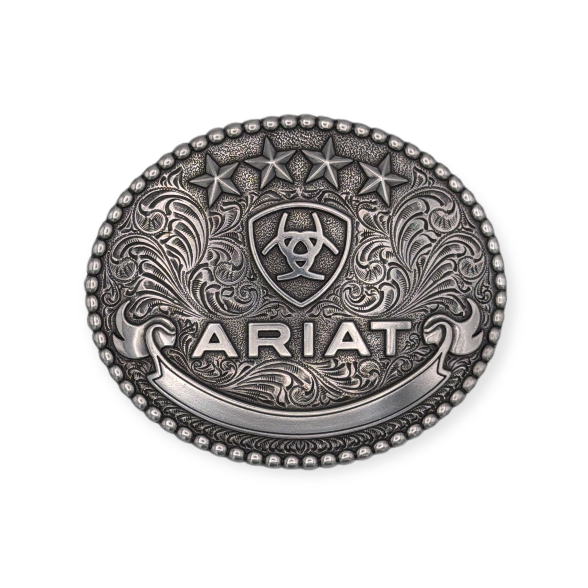 Antique silver Ariat oval buckle with raised stars, shield, ribbon, scrolling background, and beaded edge.