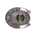 Ariat antique silver oval buckle with floral engraving, horseshoe shape, and Mexican flag emblem.
