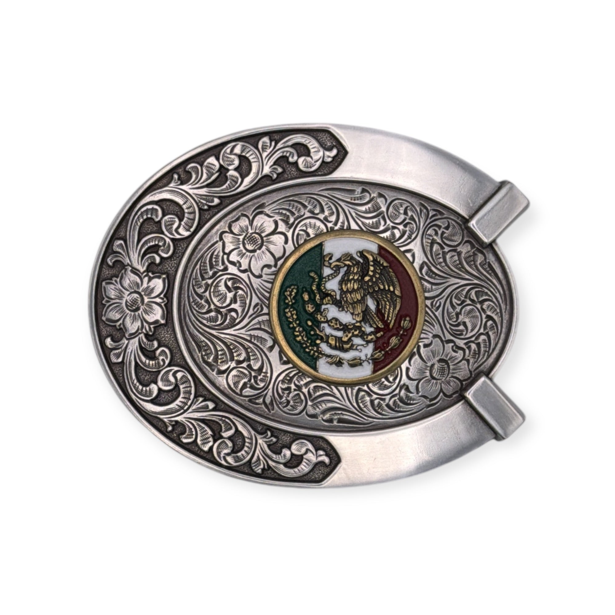 Ariat antique silver oval buckle with floral engraving, horseshoe shape, and Mexican flag emblem.