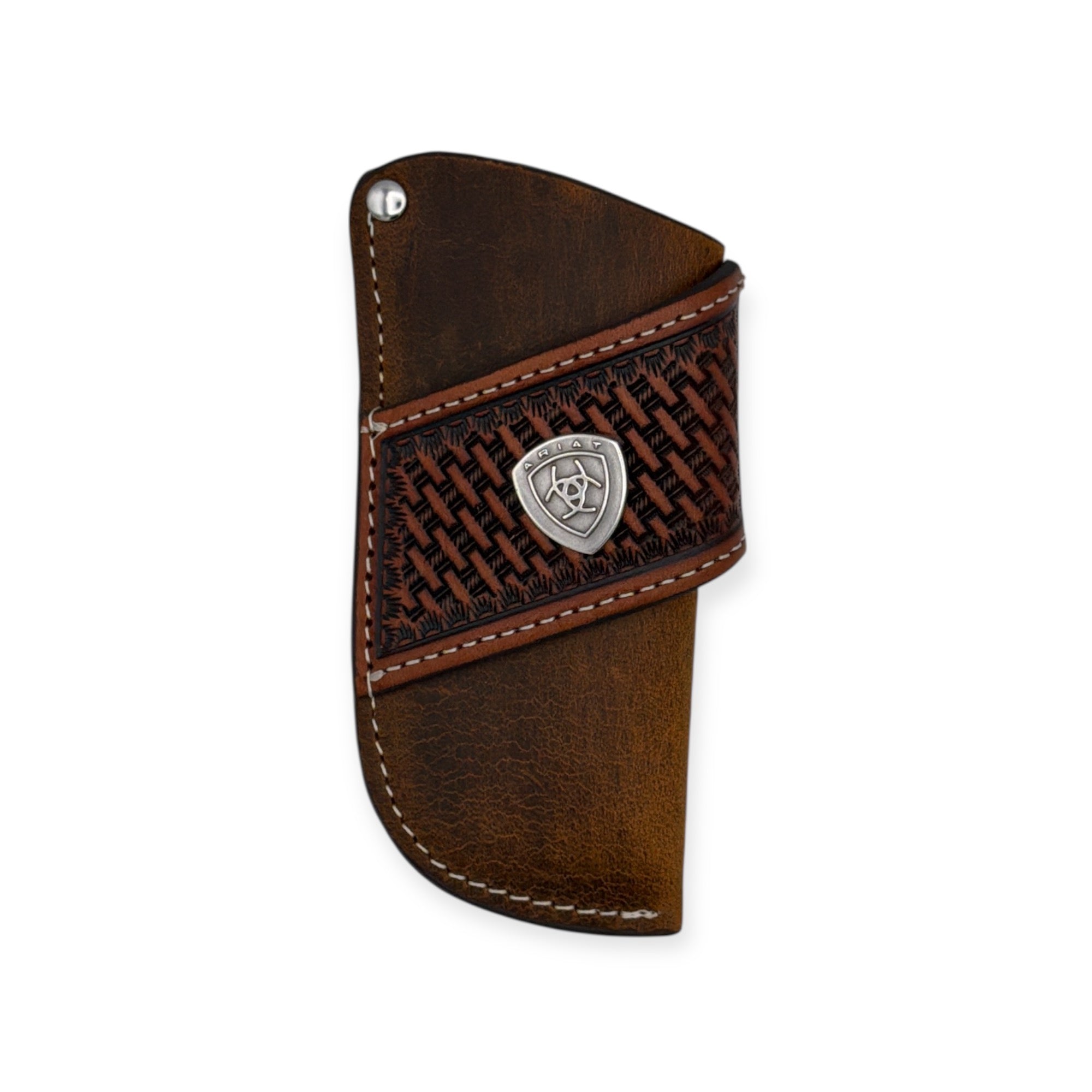 ARIAT MENS KNIFE SHEATH VERTICAL BASKETWEAVE SUNBURST TABS BROWN