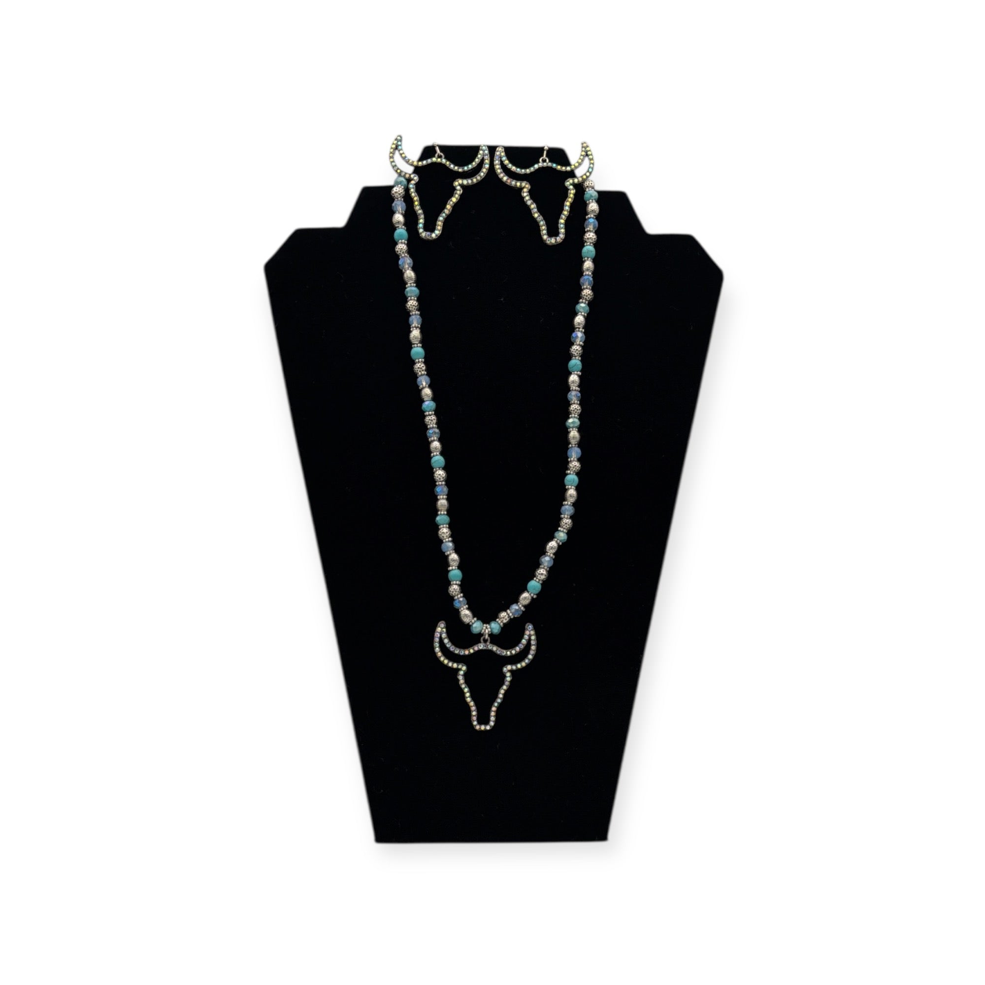 SILVER STRIKE LADIES EARRING AND NECKLACE SET BEADED CHAIN COW HEAD MULTICOLOR