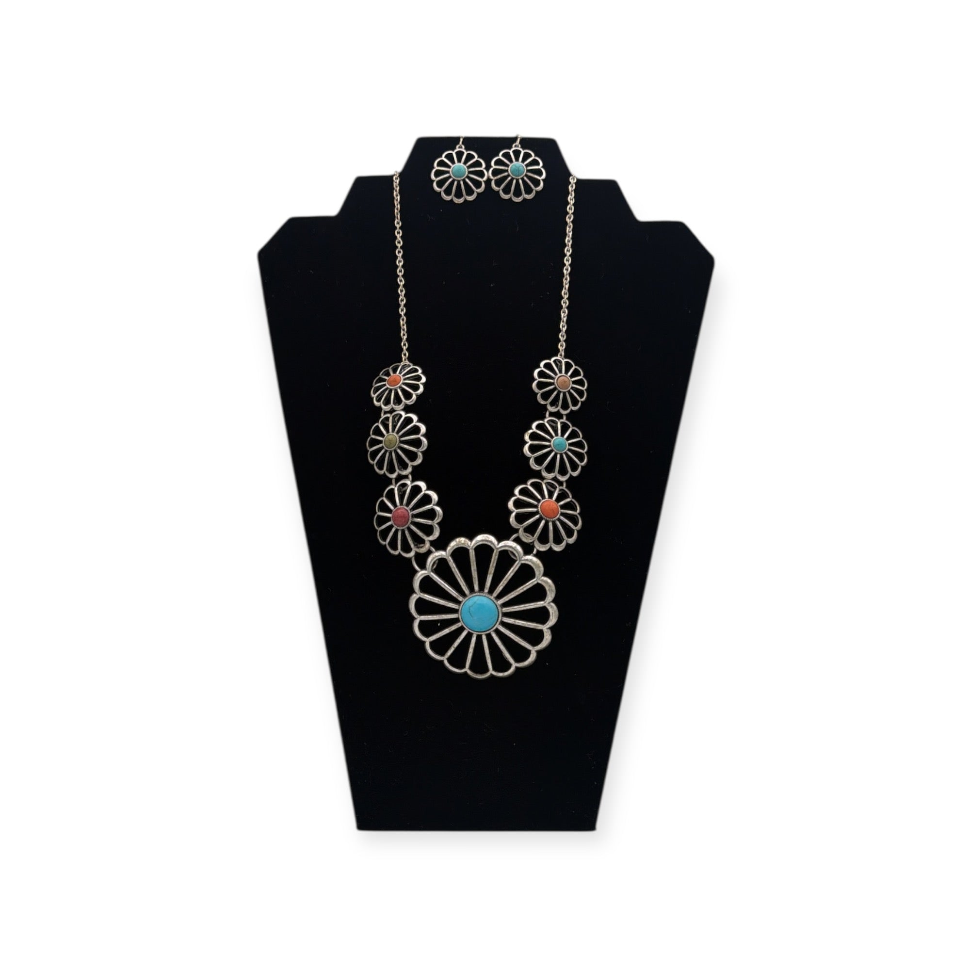 SILVER STRIKE LADIES EARRINGS AND NECKLACE SET FLOWER EARRING MULTICOLOR