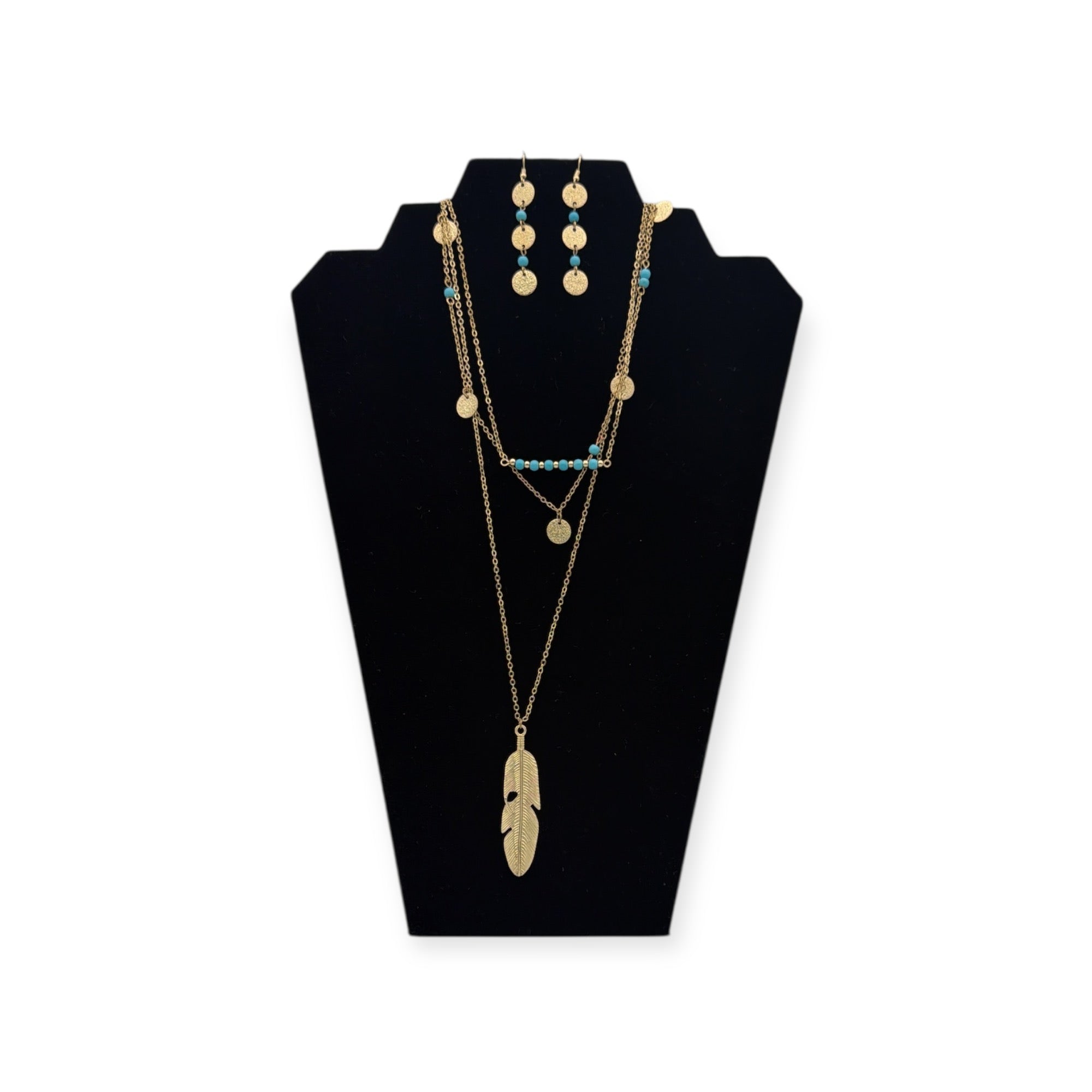 SILVER STRIKE LADIES EARRING AND NECKLACE SET 3 CHAIN FEATHER PENDANT GOLD