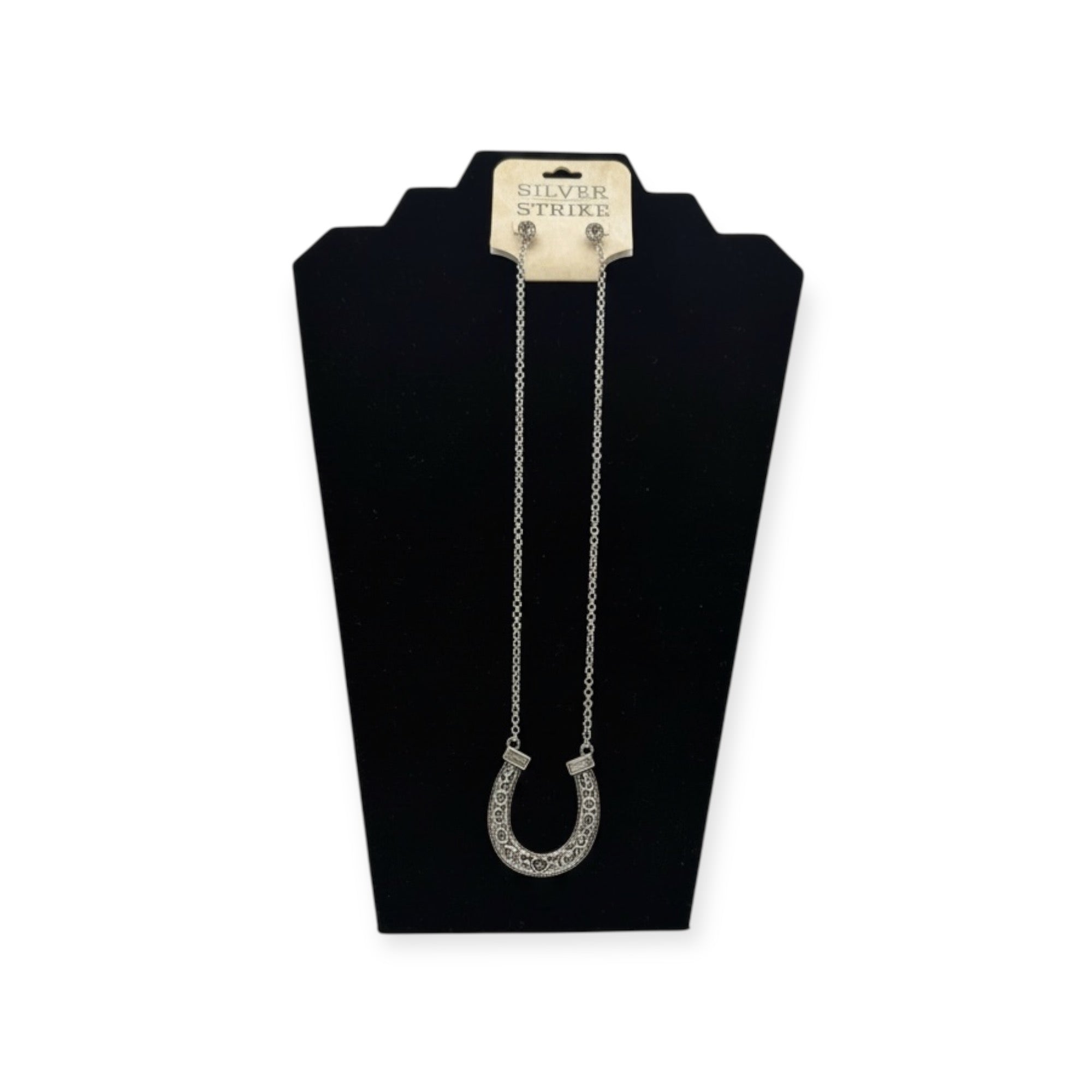 SILVER STRIKE LADIES EARRING AND NECKLACE SET FLORAL HORSESHOE SILVER