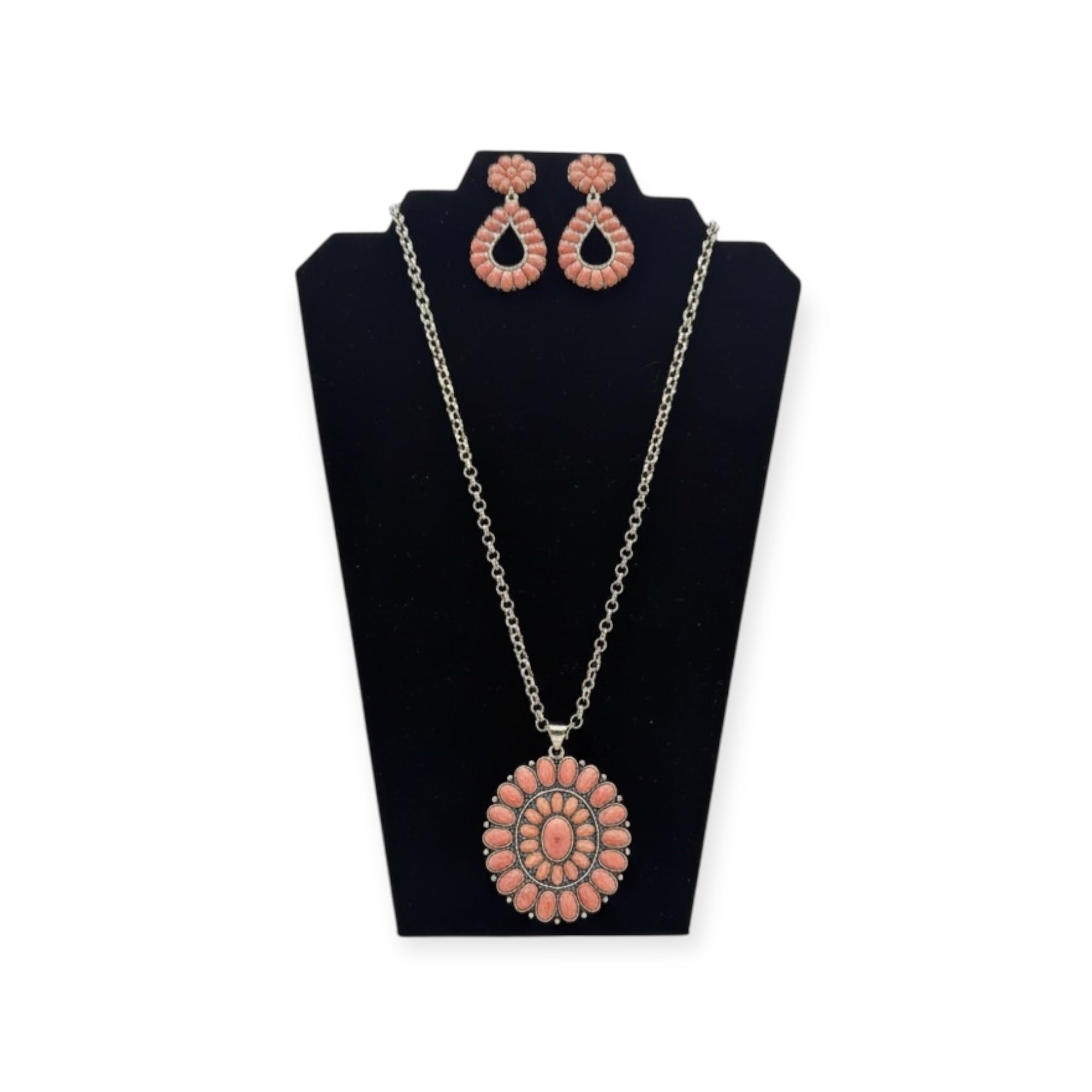 SILVER STRIKE LADIES EARRING AND NECKLACE SET PINK STONES PINK
