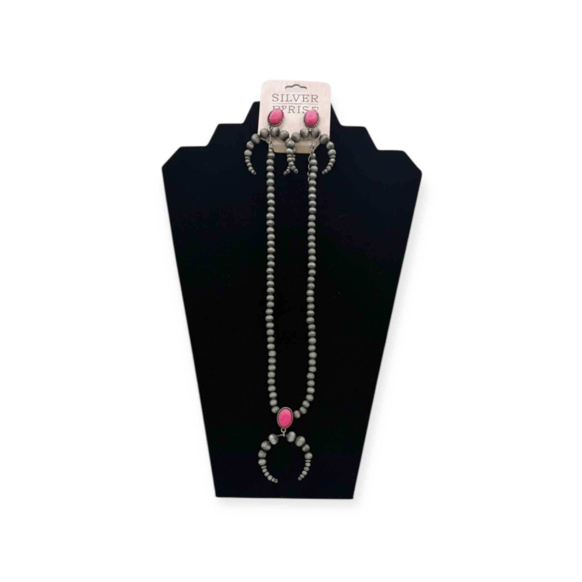 SILVER STRIKE LADIES EARRING AND NECKLACE SET NAVAJO PEARL PINK