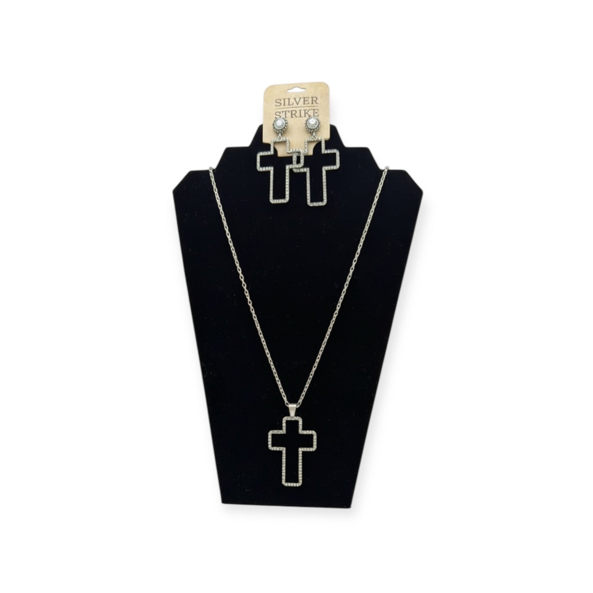 SILVER STRIKE LADIES EARRINGS AND NECKLACE SET CRYSTAL CROSS SILVER