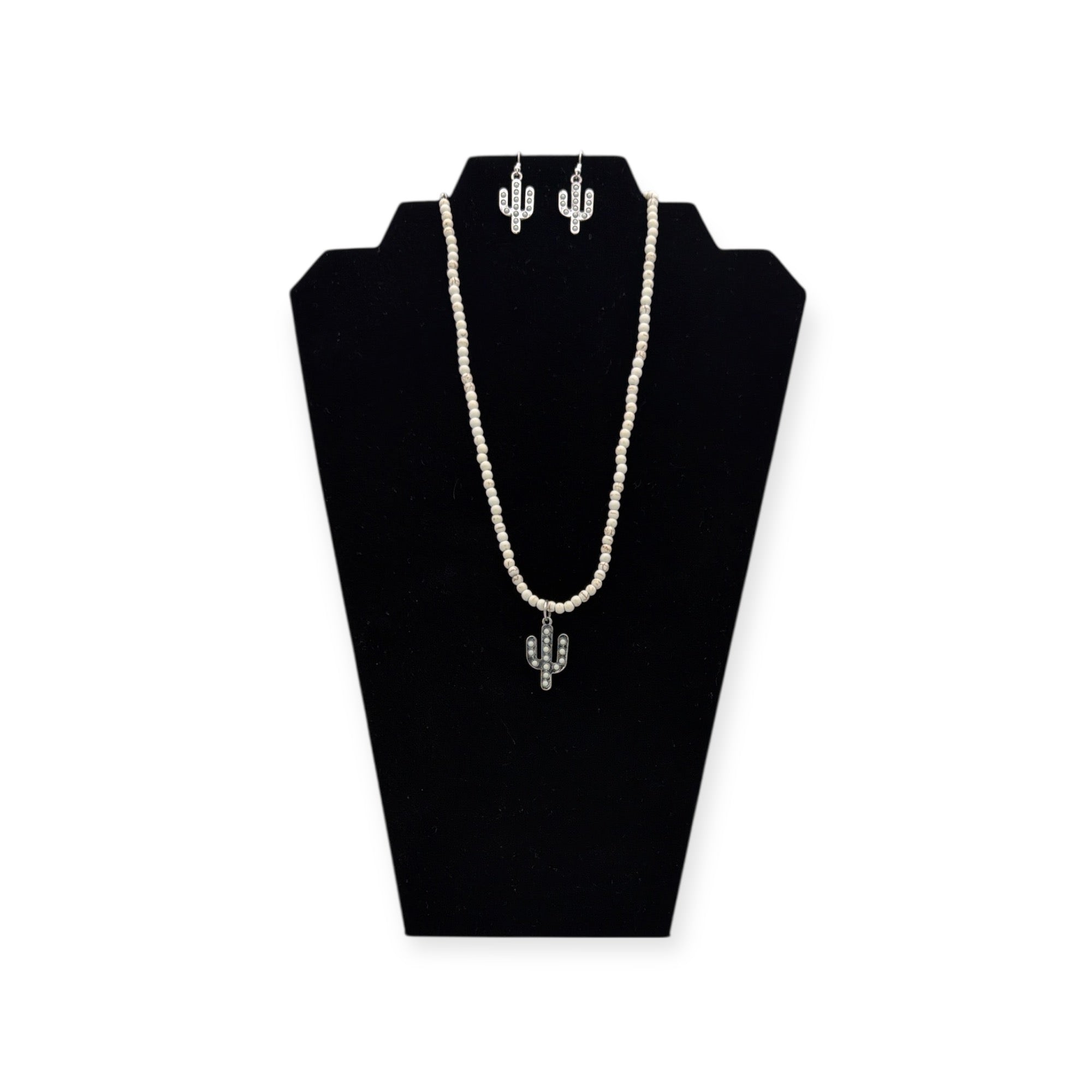SILVER STRIKE LADIES EARRING AND NECKLACE SET BEADED CACTUS WHITE