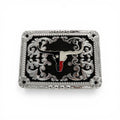 Silver western buckle with a black background and a longhorn skull featuring the Texas flag.