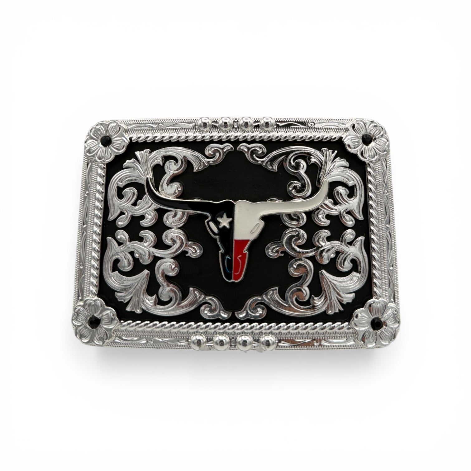 Silver western buckle with a black background and a longhorn skull featuring the Texas flag.