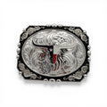 Silver western buckle with Texas flag longhorn, floral scrollwork, and black enamel border.