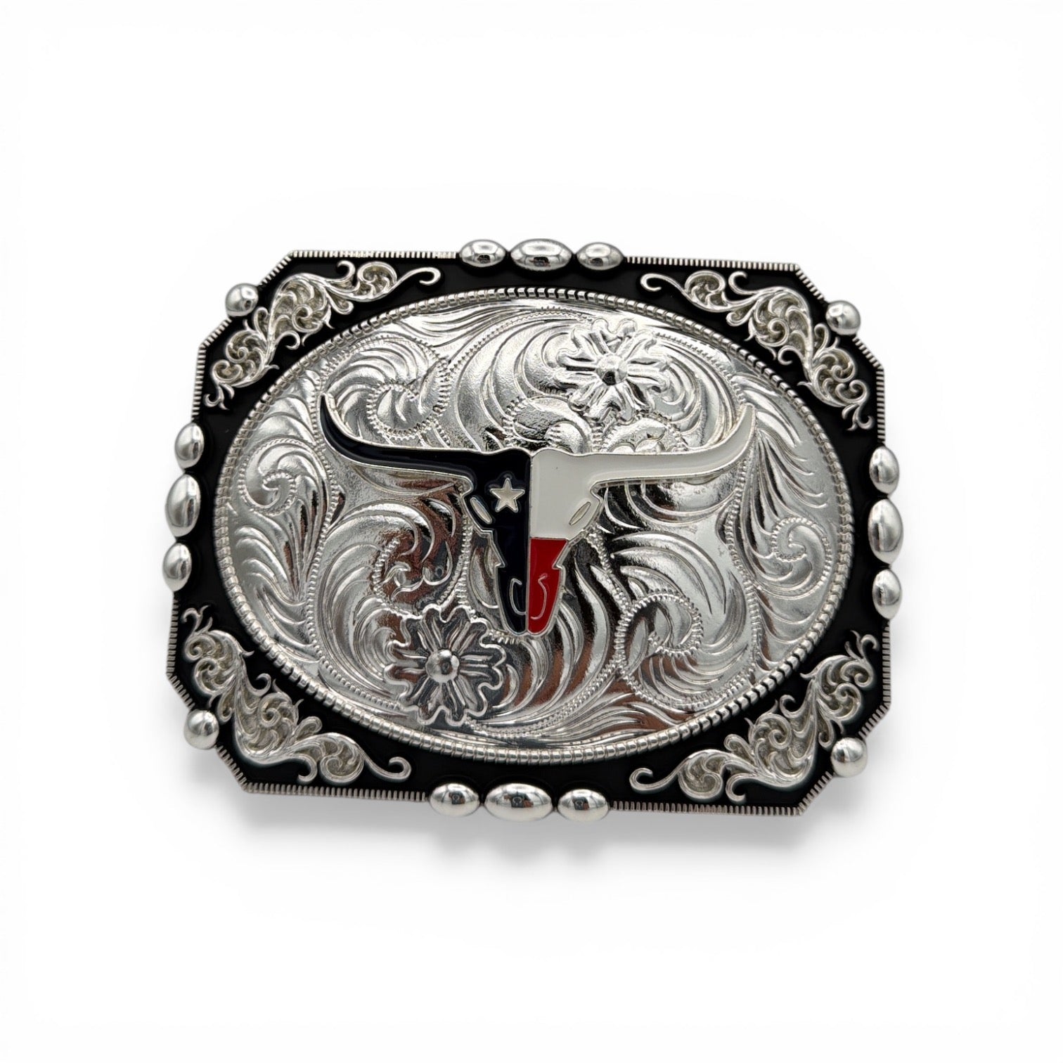 Silver western buckle with Texas flag longhorn, floral scrollwork, and black enamel border.