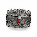Silver Texas Radiance Longhorn Buckle with Texas flag colors, sunburst engraving, and scroll accents.