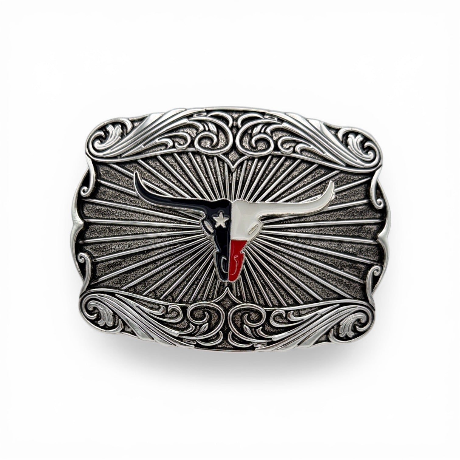 Silver Texas Radiance Longhorn Buckle with Texas flag colors, sunburst engraving, and scroll accents.