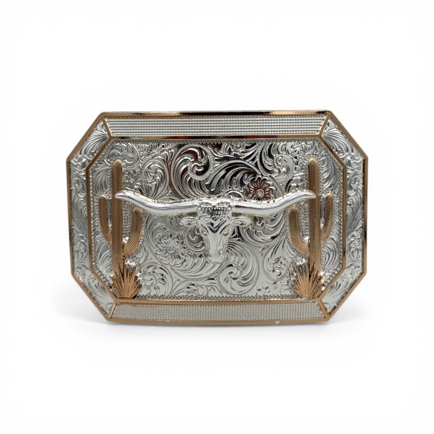 Silver western buckle with a detailed longhorn, gold cactus accents, and intricate scroll engraving.