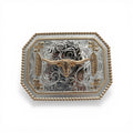 Golden Prairie Longhorn Buckle: gold longhorn on silver western scroll engraving with gold accents and beaded border.