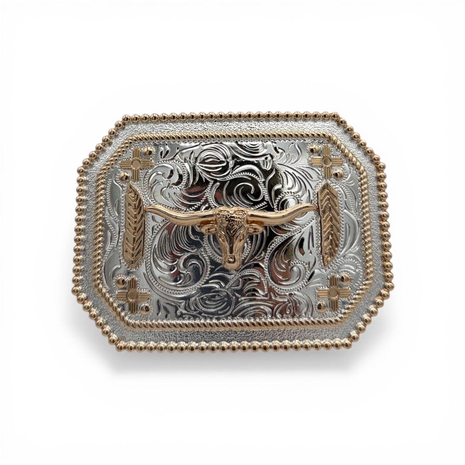 Golden Prairie Longhorn Buckle: gold longhorn on silver western scroll engraving with gold accents and beaded border.