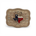 Gold tone western belt buckle with Texas state flag design, "TEXAS" lettering, scroll engraving, and rhinestone accents.