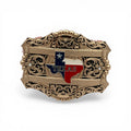Gold tone western buckle with Texas flag state shape, "TEXAS" lettering, scrollwork, and rhinestones.