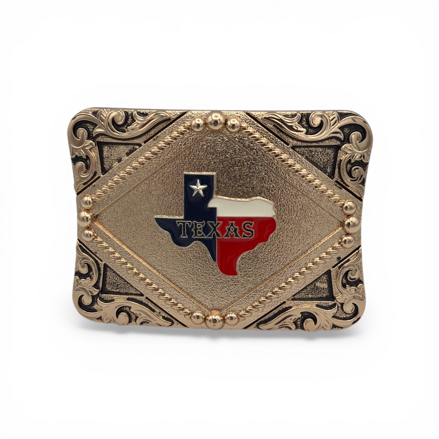 Gold tone Texas Star Heritage Buckle with Texas flag state shape, "TEXAS" lettering, and western scroll accents.