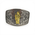 Silver San Judas Faith Buckle with gold tone Saint Jude, southwestern geometric engraving, and western scroll accents.