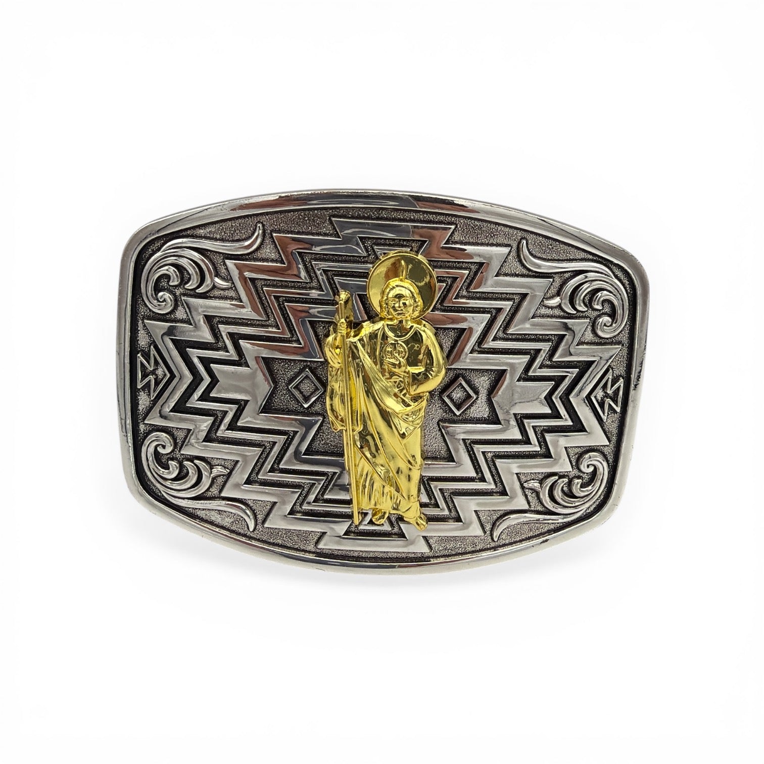 Silver San Judas Faith Buckle with gold tone Saint Jude, southwestern geometric engraving, and western scroll accents.