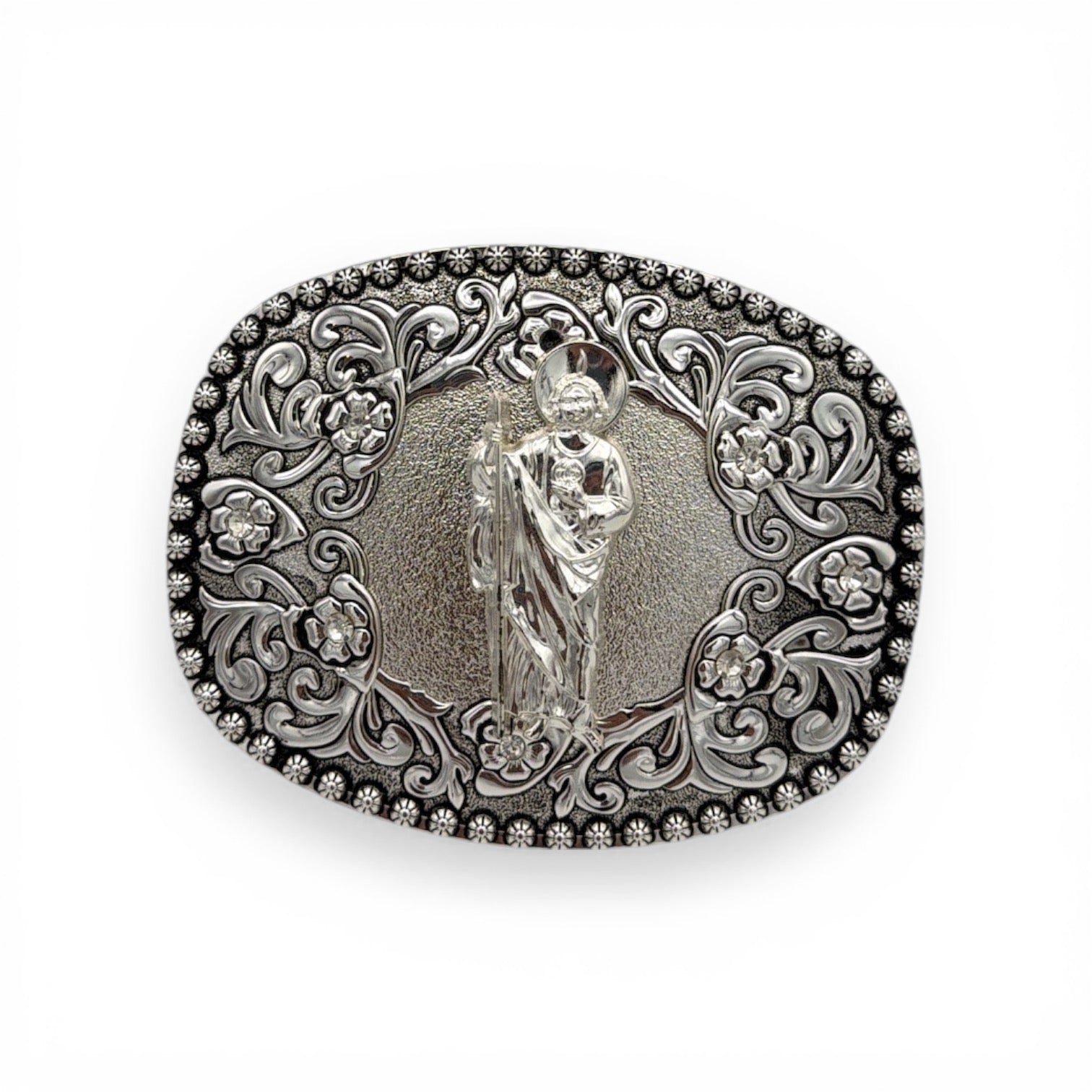 Polished silver-tone San Judas Devotion Buckle with intricate western floral engraving and rhinestone accents.