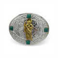 Oval silver-tone San Judas Emerald Faith Buckle with gold San Judas, western floral engraving, and green stone accents.