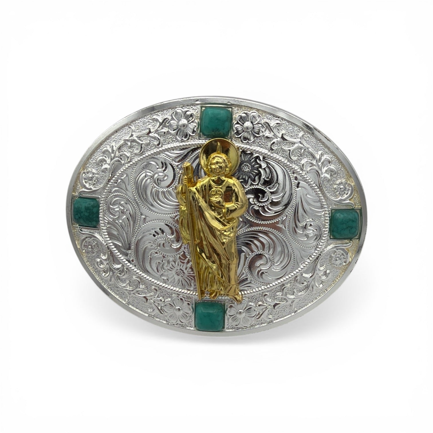 Oval silver-tone San Judas Emerald Faith Buckle with gold San Judas, western floral engraving, and green stone accents.