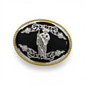 Silver San Judas belt buckle with black background, gold beaded border, and western floral scrollwork.