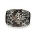 Polished silver tone San Judas belt buckle with bold southwestern geometric and western scroll engravings.
